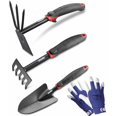 Set Attrezzi Giardinaggio In Acciaio - Rastrello, Pala Trapiantatore, Zappetta + Guanti